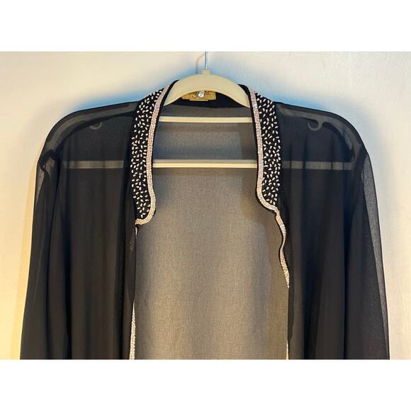 VTG Midnight Velvet Cardigan XL Sheer Black Beaded Elegant Cocktail Party Formal - Picture 2 of 6